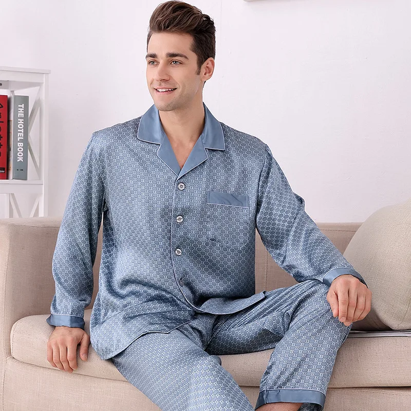 Kupokasi Summer Men Pajamas Plus Size Silk Pajamas Two-piece Suit Luxury Mulberry Silk Pajamas Plaid Home Service Sleep Wear