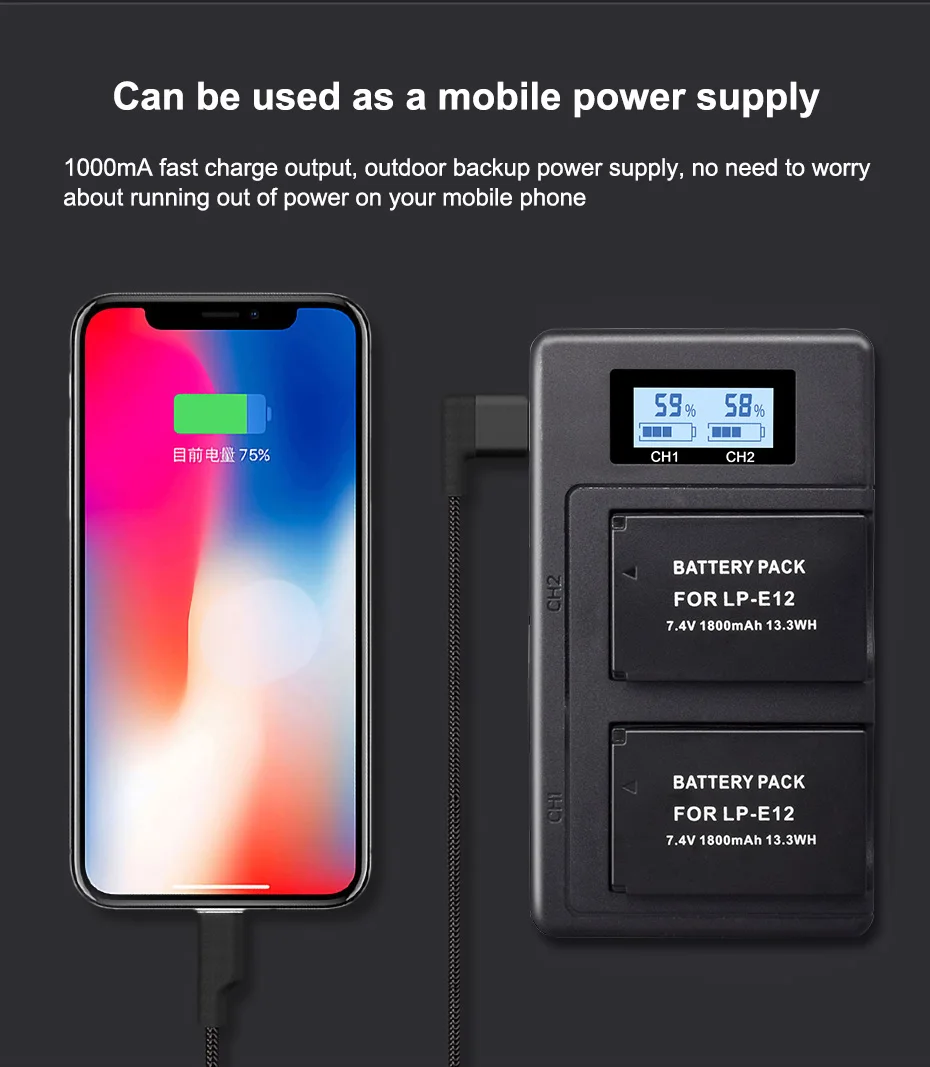 Palo LP-E12 LP E12 LPE12 Rechargeable Battery + LCD USB Dual Charger for Canon EOS M50, EOS M100,100D Kiss X7 Rebel SL1 Camera