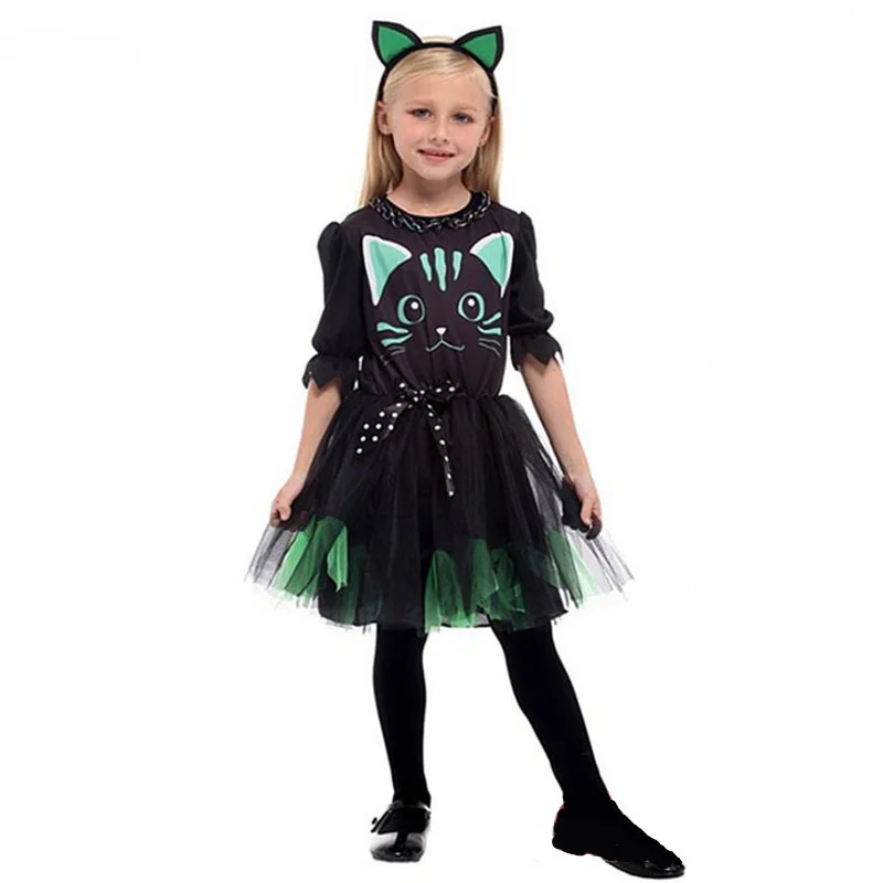 Meisjes Halloween Zwarte Jurk Kind Kinderen Kat Patroon Dier Cosplay Carnaval Purim Maskerade Toneelstuk Feestjurk