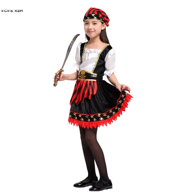 M-XL Girls Pirates Of The Caribbean Cosplay Children Kids Halloween Robber Warrior Costumes Carnival Purim Role Play Party Dress