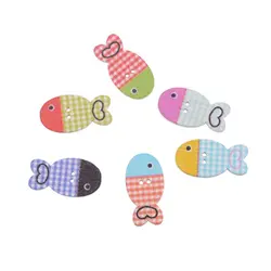 Free Shipping Retail 10Pcs Random Mixed Lovely Fish Animal 2 Holes Wood Painting Sewing Buttons Scrapbooking 25x13mm