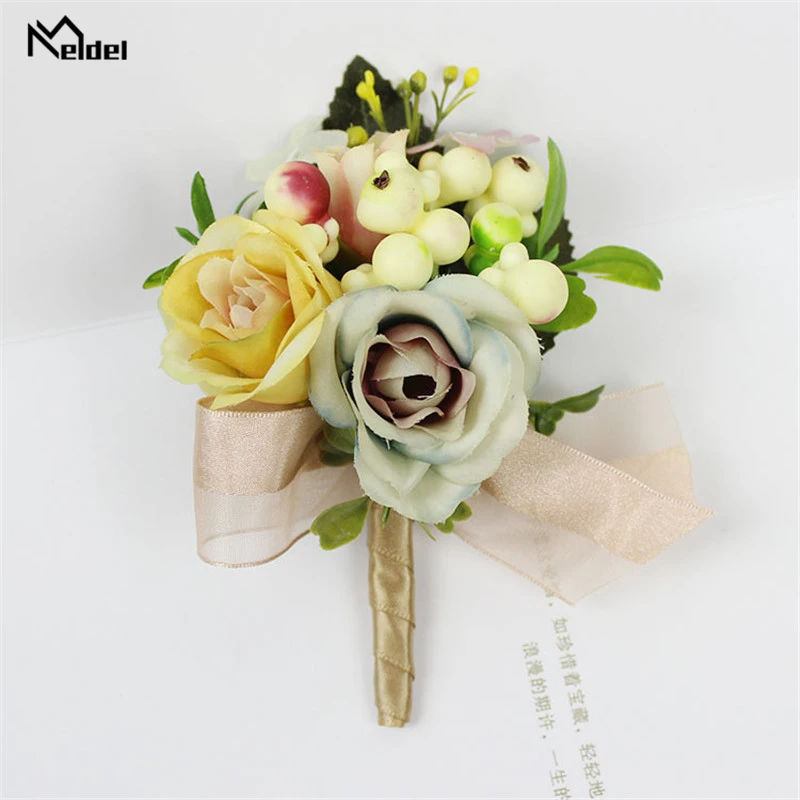 Meldel-Corsage de Poignet de Mariée, Boutonnière de Marié, Fleur Artificielle d'InjRose, Baies en Plastique, Bracelet de Fille, Décoration de Mariage pour Homme