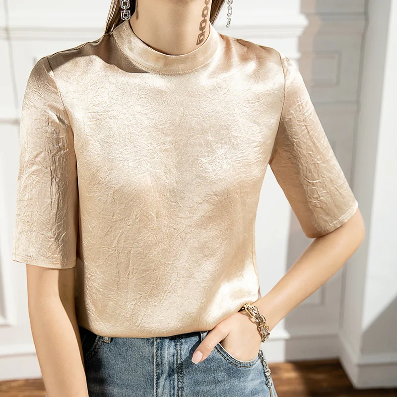 

Women Soft Cotton T-shirt Half Sleeve Turtleneck Solid color Lady Basic Shirt For Spring & Autumn Causal Top