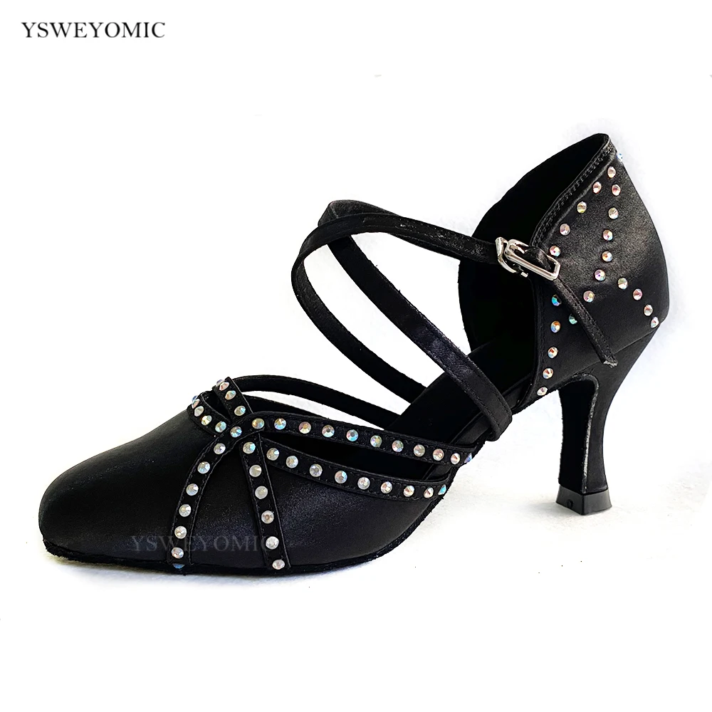 Standard Dance Shoes Closed Toe Black Satin Practise Competitive Rhinestones Latin Ballroom Dance Shoes In Medium Heel 7cm