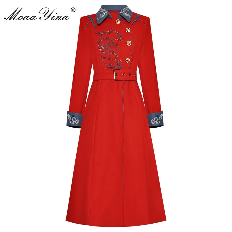 MoaaYina Fashion Designer Wool Woolen coat Winter Women Long sleeve Belt Embroidery Keep warm Woolen coat Overcoat