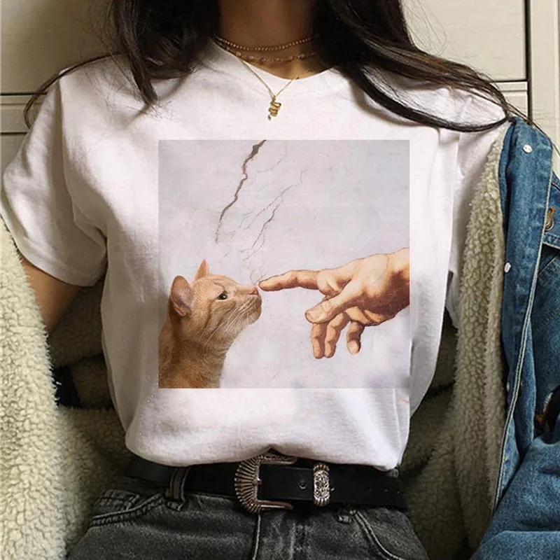 T-shirt chat Van Gogh pour femmes, impression d\'art, peinture à l\'huile, beau, mignon, drôle, dessin animé des années 90, ulzzang, haut décontracté