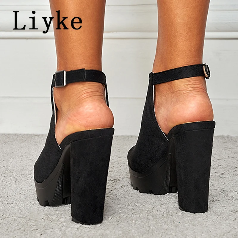 Liyke Women Chunky Platform Sandals Summer Flock Thick High Heels Open Toe Ankle Buckle Strap Ladies Shoes Casual