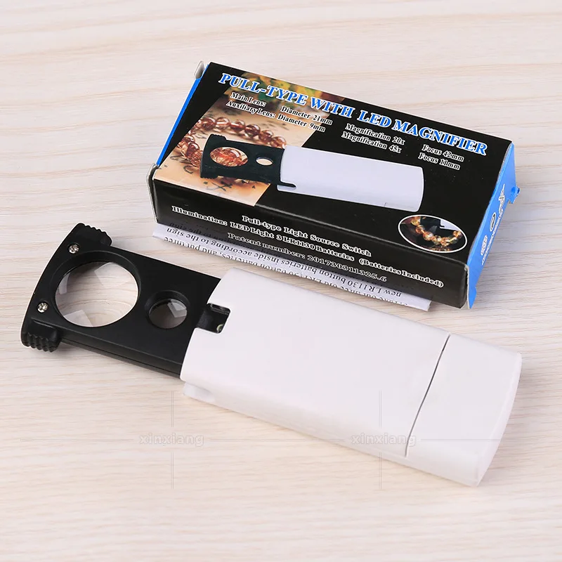 Handheld Portable Pull-Type High Power Gems Identification with LED Lights 20 Times 45 Times Double Lens Magnifying Glass