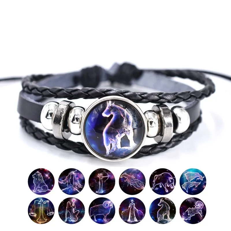 12 Constellation Black Woven Leather Bracelet Cancer Virgo Libra Woven Glass Dome Jewelry Punk Men's Bracelet Romantic