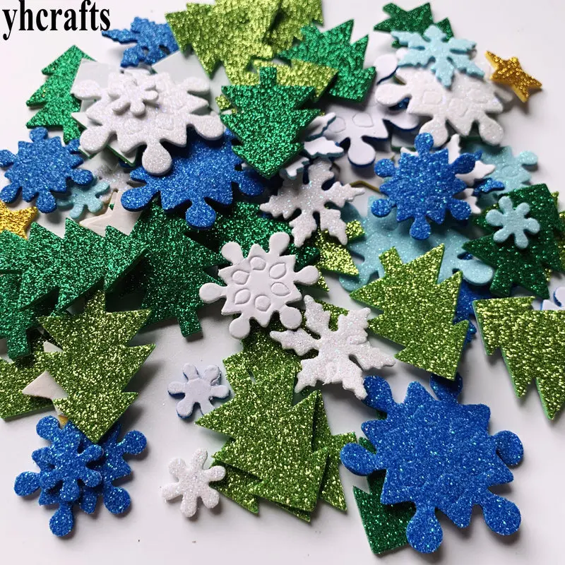 100PCS Mix Glitter christmas tree snowflake foam stickers Xmas party decoration Creative activitity items Handwork wholesale