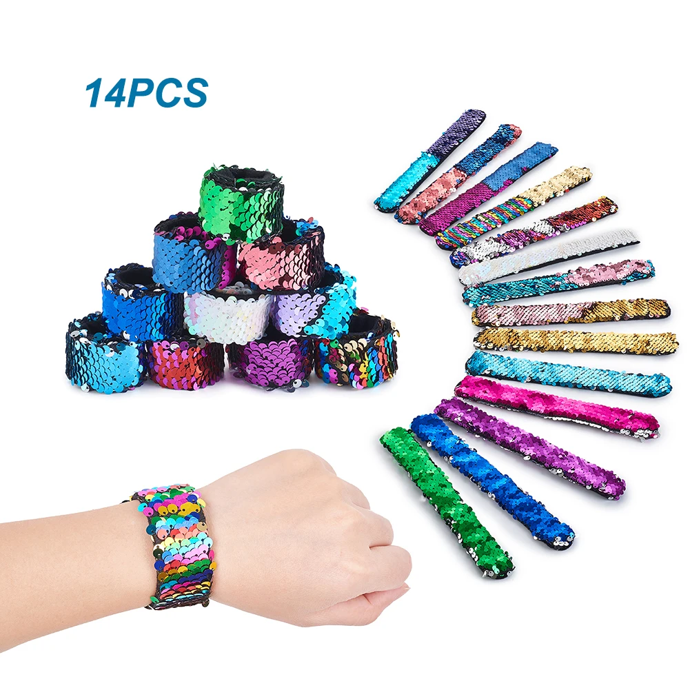 14pcs 21cm Slap Bracelets 25mm Two-color Reversible Charm Sequins Flip Wristbands Bracelet for Kids Adults Party Favors