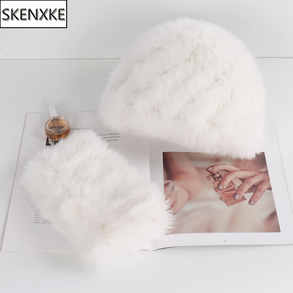 New Women Winter Real Rabbit Fur Hat Scarf 2 Pieces Natural Rabbit Fur Cap Scarves Lady Knitted Warm Rabbit Fur Hat Muffler Sets