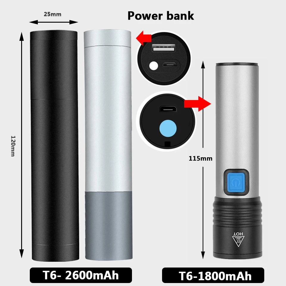 XM-L T6 Led Flashlight Power bank Torch Built in 18650 Rechargeable Battery 2 in 1 2000lm 10W Lantern for Camping