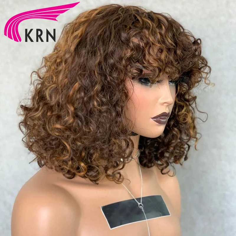 Wig Buatan Mesin Sepenuhnya Keriting Gelap dengan Poni 180% Wig Rambut Manusia untuk Wanita Rambut Remy Brasil Tanpa Lem Warna Coklat