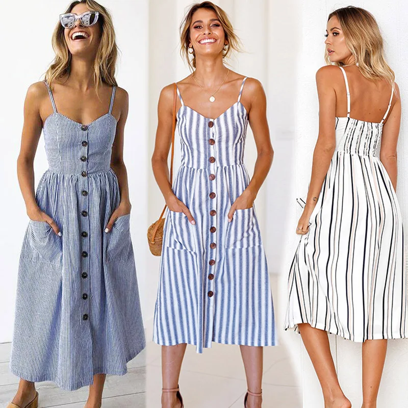 Boho Sexy Floral Dress Summer Vintage Casual Sundress Female Beach Dress Midi Button Backless Polka Dot Striped Women Dress2024