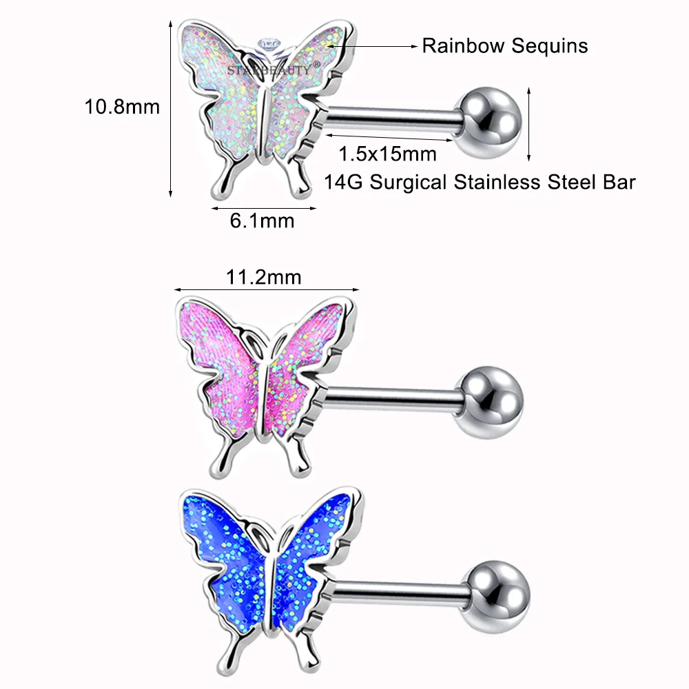 Starbeauty New Rainbow Sequins Butterfly Tongue Piercing Barbell 14G Tongue Rings Surgical Steel Bars Tounge Ring Unisex Jewelry