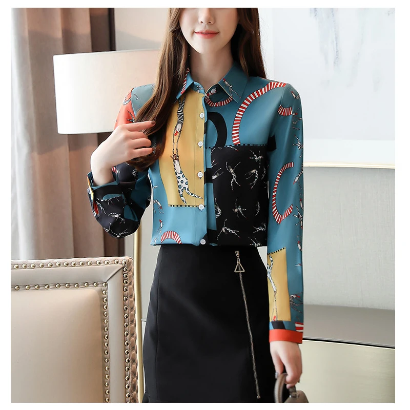 Elegant Chiffon Long Sleeve Printed Plus Size Blouse Shirts for Women Ladies Single Breasted Slim Polo Shirts Office Work Wear