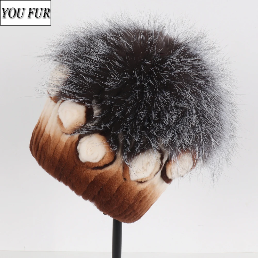 

Women Winter Luxury Knitted Real Rex Rabbit Fur Hat Natural Warm Thick Fox Fur Hats Lady Quality 100% Genuine Silver Fox Fur Cap
