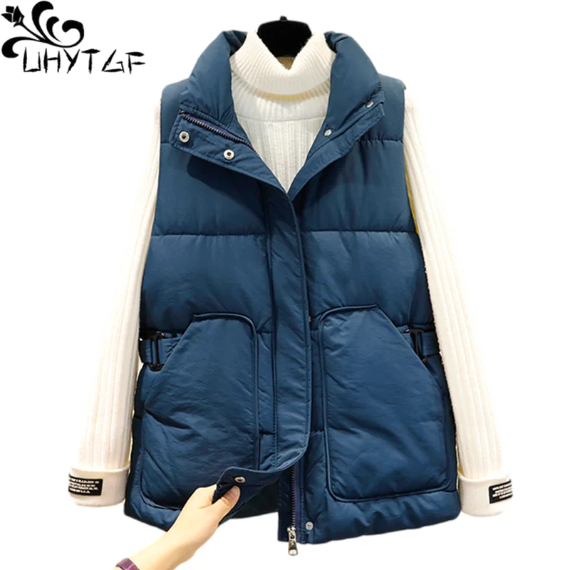 UHYTGF New Down Jacket Winter Vests For Women Fashion Pocket Casual Warm Tops Coats Korean Loose Big Size Cotton Waistcoat 1428