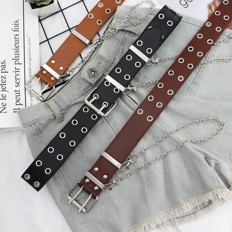 Punk Waist Chain Belt Adjustable Double Eyelet Grommet Leather Buckle Detachable Waist Belts Chain Hip-hop Waistband Jeans