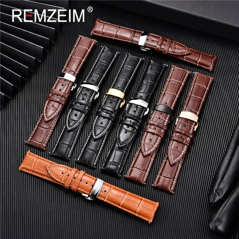 REMZEIM Leather Watchband Strap 18/20/22/24MM Calfskin Watch Band Stainless Steel Buckle Watch Accessories Black Brown