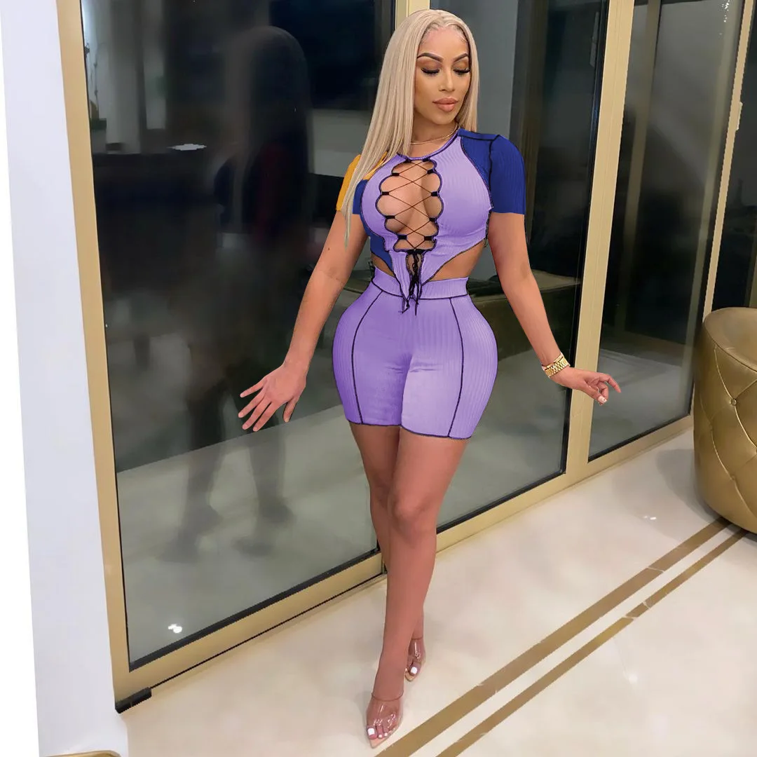 

2 Pcs Women Patchwork Outfits Set Sexy Color Block Short Sleeve Hollow Out Lace Up Crop Top + Shorts Fashion Clothes Sets