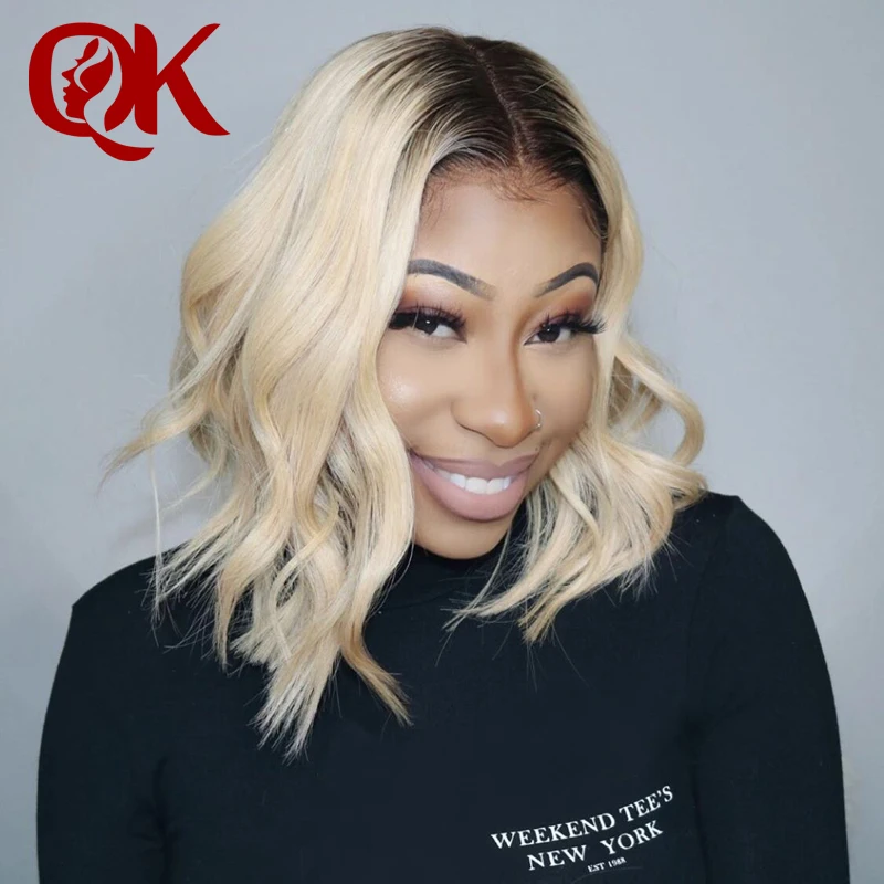 

QueenKing hair Lace Front Wig 180% Blonde Ombre Hair 1B/613 Bob Wig Silky Straight Preplucked Brazilian Human Remy Hair