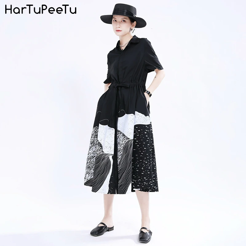 2022 Summer Shirt Dress Midi Women Elegant Long Print Blouse Loose Casual Drawstring Tunic Waist Vestidos Mujer