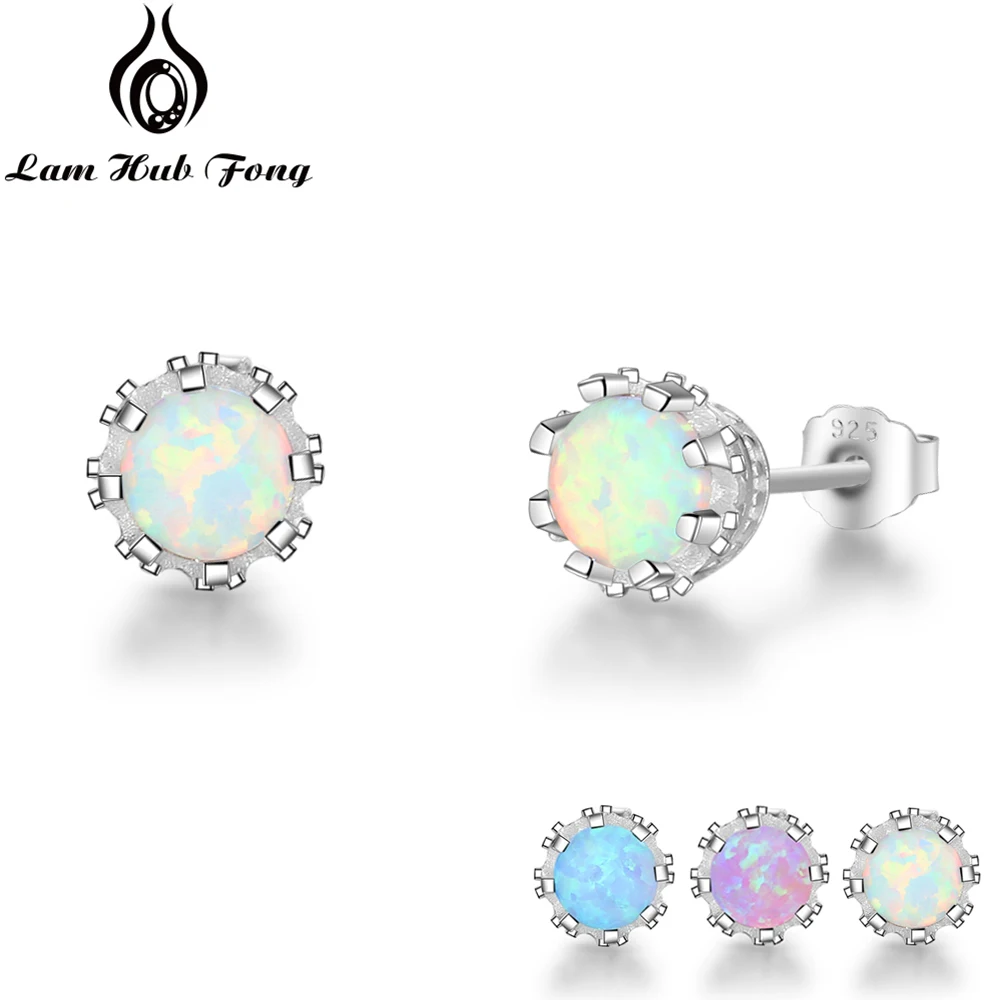 925 Sterling Silver Flower Stud Earrings Round Created Blue Pink White Opal Earrings for Women Party Fine Jewelry (Lam Hub Fong)