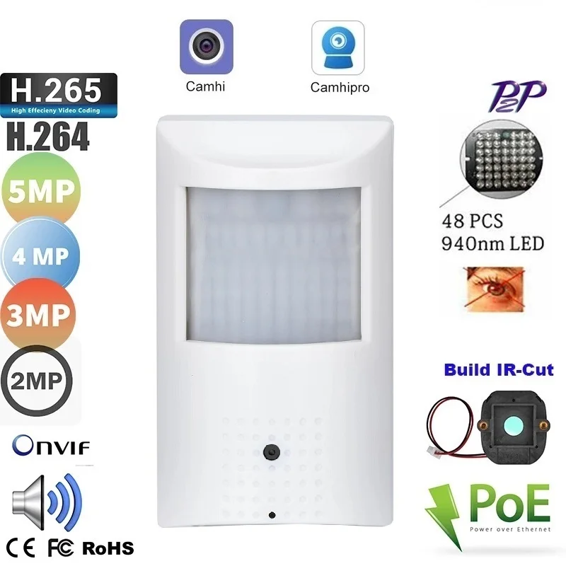 2MP 5MP Indoor Poe IP Camera  Invisible PIR Style Mini Audio Security Monitor 940 Night Vision TF Card Covert Video Surveillance