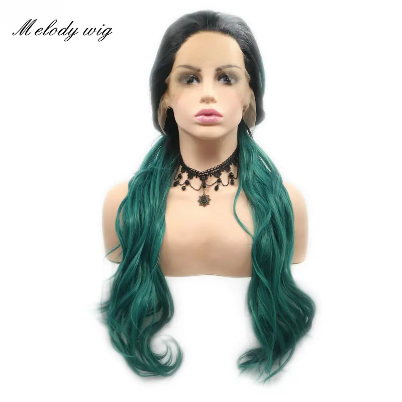 

Melody Synthetic Lace Front Wigs Ombre Green With Dark Root Long Natural Wave With Fishtail Braids for Women Natural Looking Wig