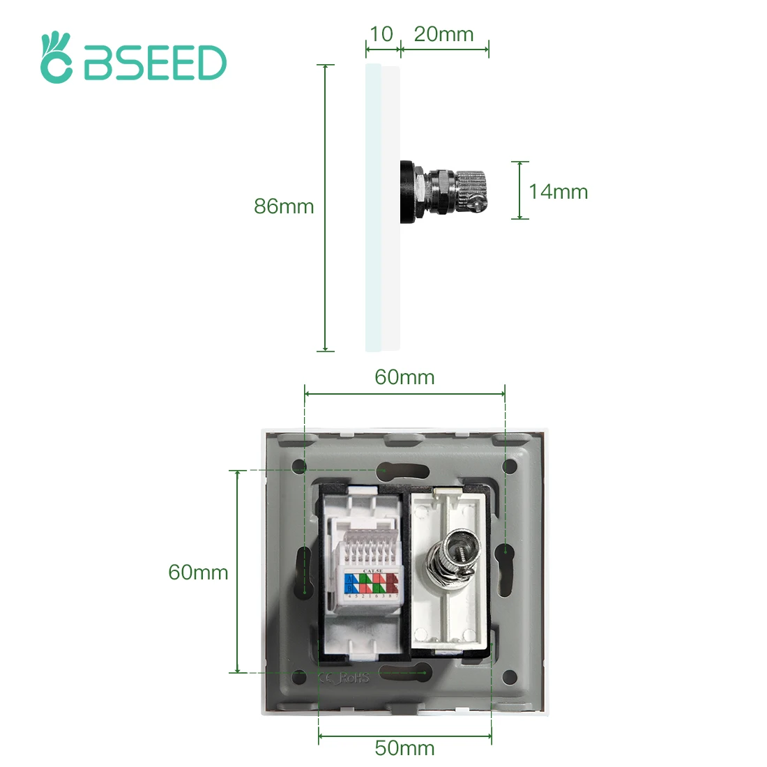 BSEED EU Standard Satellite PC Wall Socket Internet CAT5 Network Antenna Power Outlet Crystal Glass Panel 86*86mm