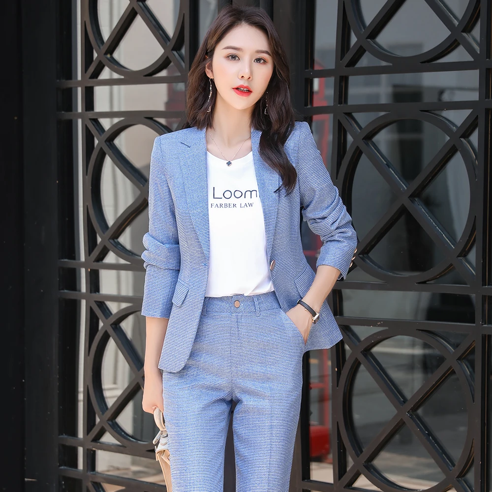 Elegant Ladies Pink Green Apricot Blue Pant Suit Women Slim Single Button Plaid Blazer And Trousers 2 Piece Set For Work Wear