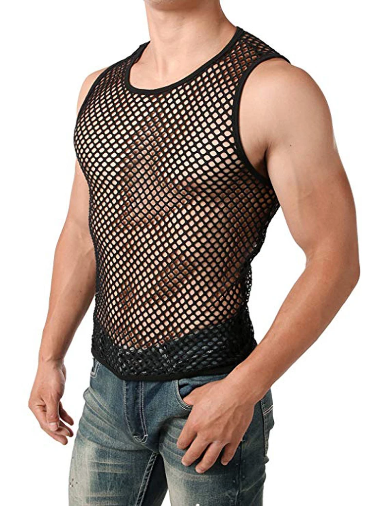 Men\'s Mesh Sheer T-shirt Gym Training Sleeveless Tops Sexy Fish Net Muscle Tee Clubwear M-XXL