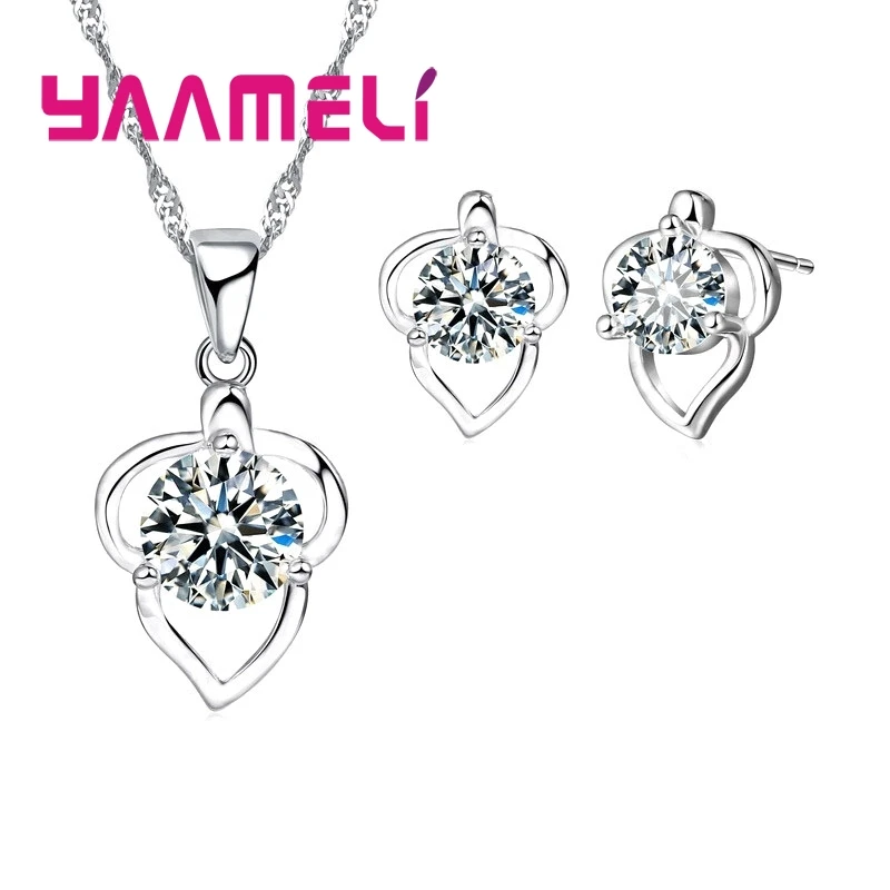 925 Sterling Silver Necklace Earrings Set Simple Style Maple Leaf Shape White Crystal Cubic Zirconia For Women Wedding