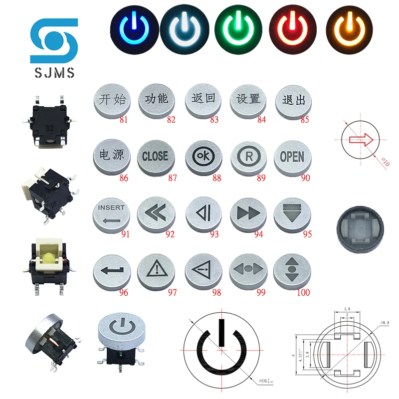 

SJMS 2Pcs 6*6*8.4mm SMD 6PIN Open OK Close Round Power Symbol Led Light Momentary Push Button Tact Switch