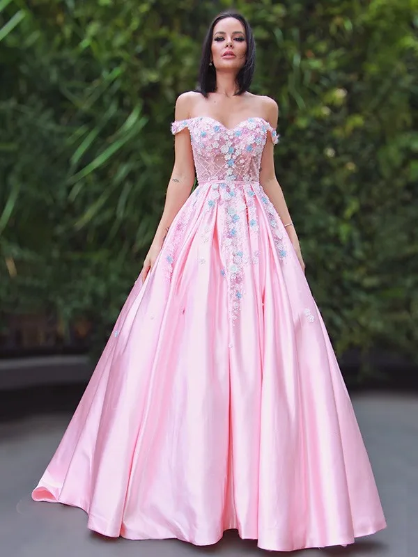 Roze Prom Jurken A-lijn Sweetheart Uit De Schouder Satijn Met Bloemen Lange Prom Gown Avondjurken Robe De Soiree