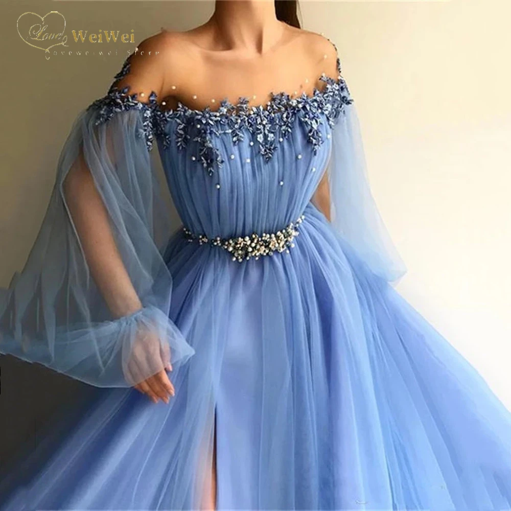 Blauw Uit De Schouder Avondjurken Bladerdeeg Lange Mouwen Applicaties Kralen Tulle Split Side Prom Jurken Vrouw Party Night