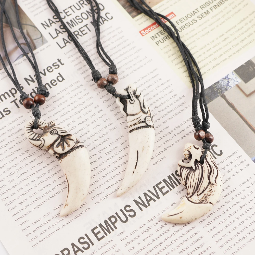 1Pcs Cool Men Women\'s Surfing Imitation Yak Bone Resin Carved White Lion Elephant Tooth Pendant Choker Necklace Lucky Gift