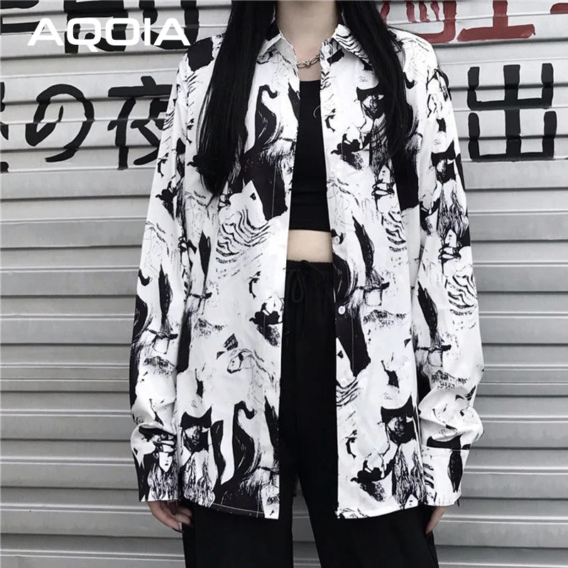 2022 Spring Harajuku Ink printing Women Blouse Shirt Loose Long Sleeve Button Up Ladies Shirt Y2K Oversize Female White Clothing