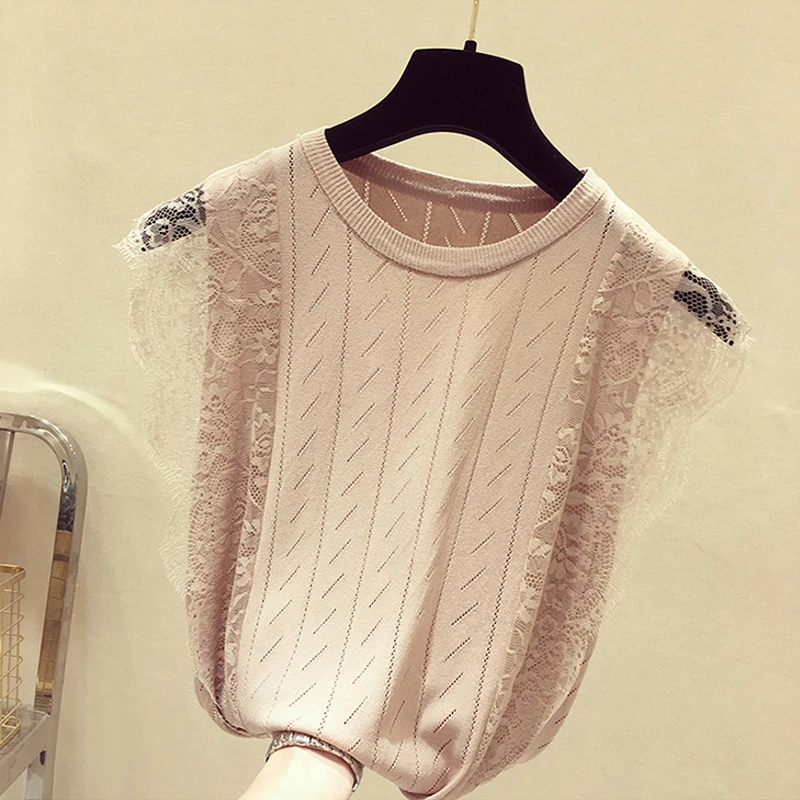 Spring Summer Korean Women Mesh Shirt Sleeveless O-Neck Lace Knitted Patchwork Tops Chic Solid Hollow Out Clothes Blusas 8795 50