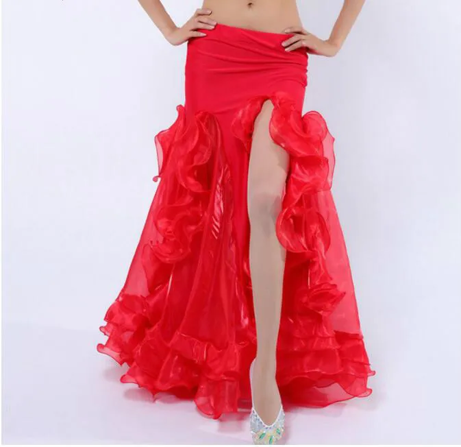 Sexy Candyt Solid 9 Color Women Belly Dance Long Ruffle Skirt Side Slit Dancing Performance Clothing