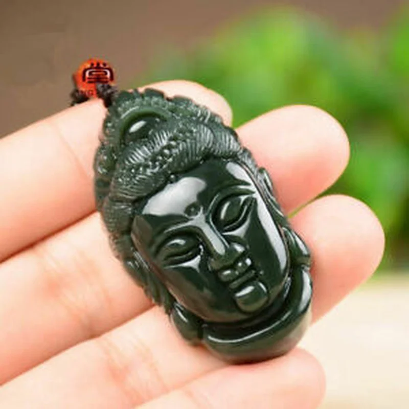 Chinese Natural Hetian Green Jade Buddhism Guanyin Head Vogue Necklaces Pendants