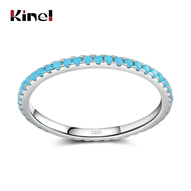 Kinel Tibetaans Zilver Klassieke Prachtige Cirkel Turquoise Charm Stapelbare Vingerring Voor Vrouwen Trendy Fijne Sieraden