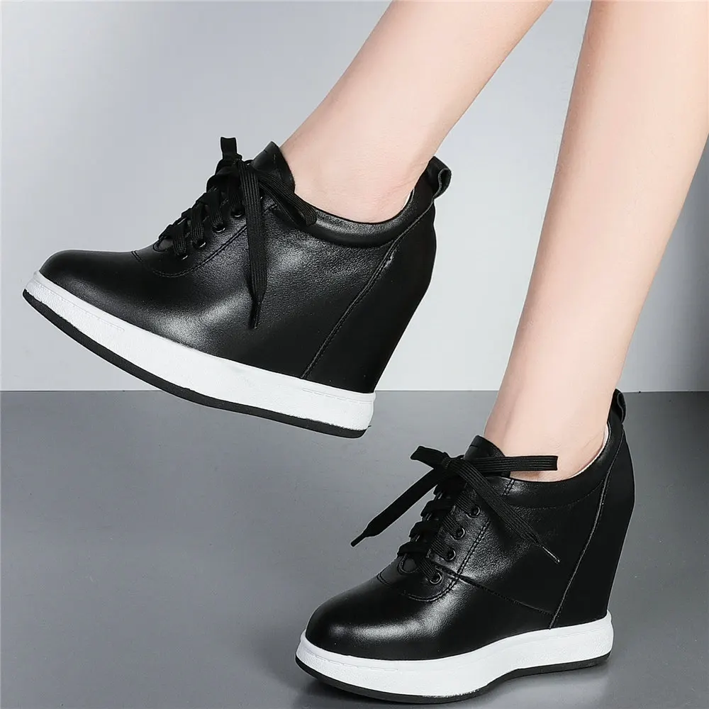 

Platform Pumps Shoes Women Lace Up Genuine Leather Wedges High Heel Ankle Boots Female Round Toe Fashion Sneakers Casual Shoes