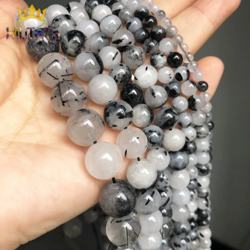 Natural Stone Black Rutilated Quartz Round Loose Beads For Jewelry Making DIY Bracelet Earrings Accessories 15\'\' 4/6/8/10/12mm