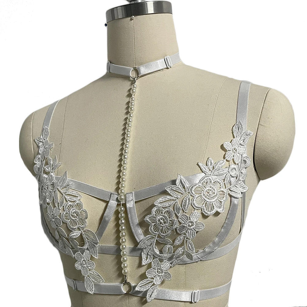 JLX.HARNESS Original Design White Lace Pearl Sexy Bra Bondage Body Harness Belt Adjustable Neck Collar Rave Body Cage Lingerie