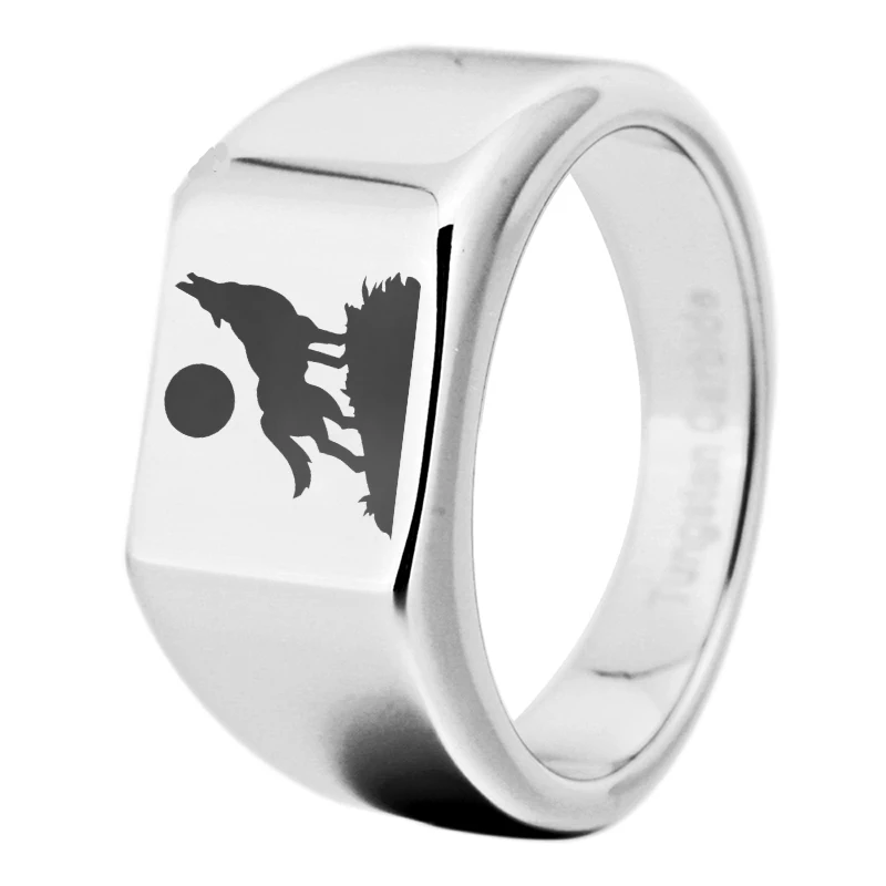 Men's 12mm Silver Tungsten Ring with Engraved Howling Wolves on the Mountain Wedding Engagement Ring Anniversary Gift Ring