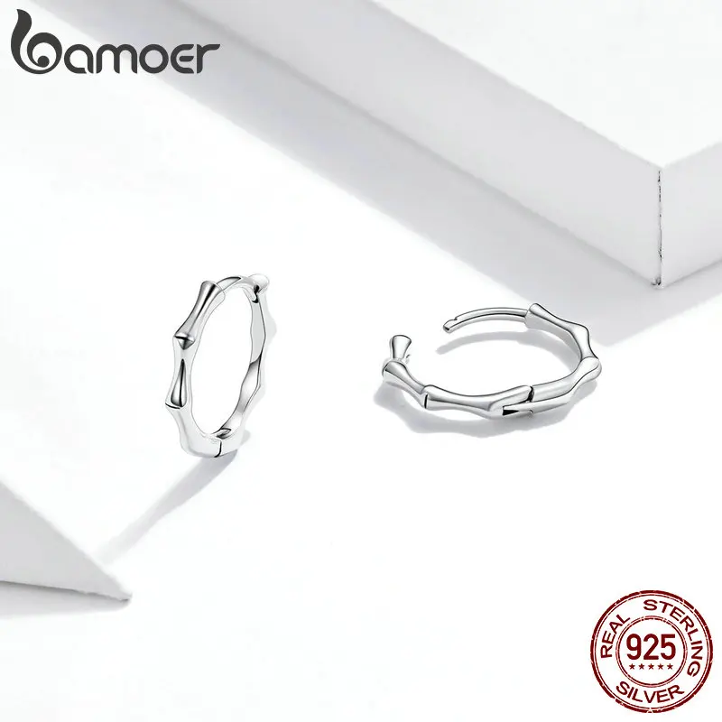 bamoer Authentic 925 Sterling Silver Bamboo Earrings Stud Earrings for Women Men Silver Fashion Hypoallergenic  Jewelry SCE988