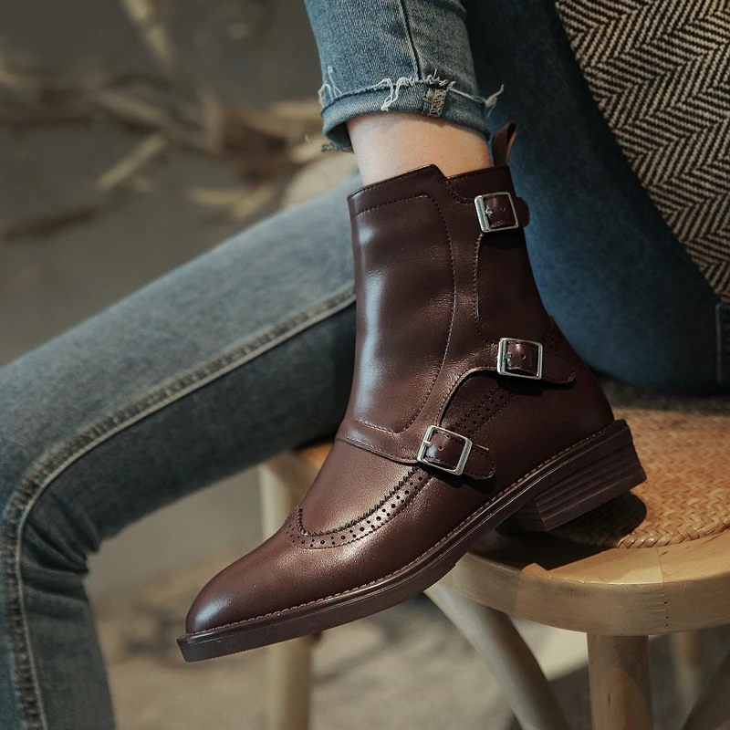 2020 Autumn New Woman Buckle Chelsea Boots Handmade Genuine Leather Round Toe Shoes Quality Buckle Square Low Heel Lady Boots